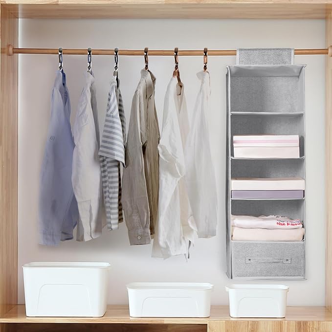 5-Tier Hanging Shelf Closet Organizer with Dividers, Hanging Storage with 2 Removable Drawers, Collapsible Closet and Storage Organization for Clothes, Bags, Dorms, Rooms (2PCS 5-Shelf)
