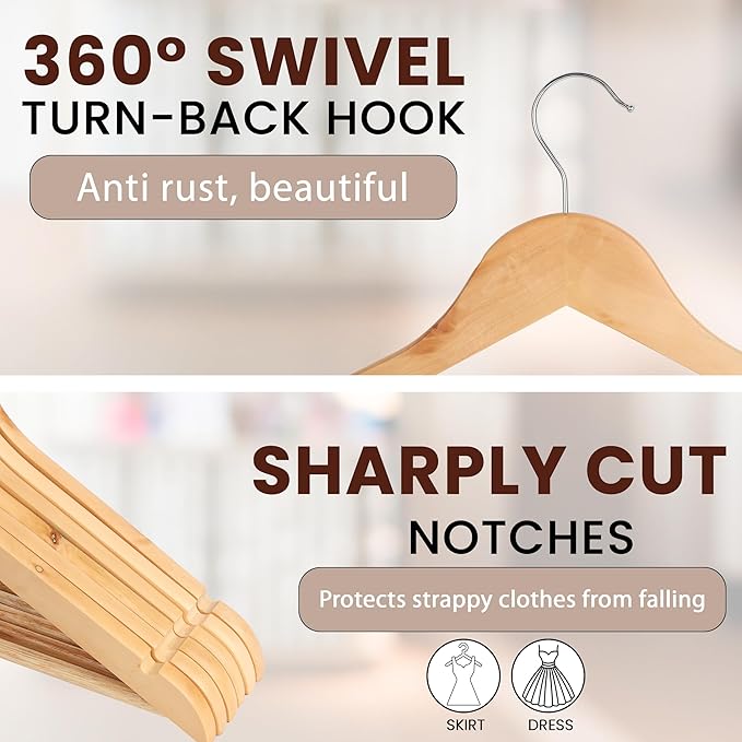 Wooden Hangers Premium Natural Bamboo Wood Hanger Well Polished Ergonomic Design & Sharply Cut Notches with Swivel Hook (Light Brown, Pack of 20)