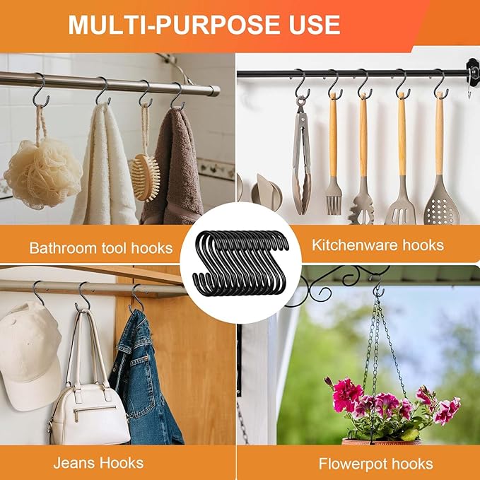 3 Inch Vinyl Coated S Hooks, 12 Pack S Hooks for Hanging Plants Heavy Duty, Small Non Slip Black Rubber Coated Metal Closet Rod Hooks for Hanging Jeans Plants Basket Bags Jewelry Towel Pot Pan Cup