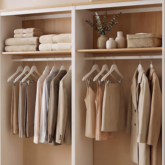 HOUSE DAY Wooden Hangers with Clips 24 Pack, Heavy Duty White Wood Pants Hanger, Premium Skirt Hanger with Adjustable Clips, Solid Clip Hangers for Suit, Blouse, Dress, Coat, Jacket, Bottom
