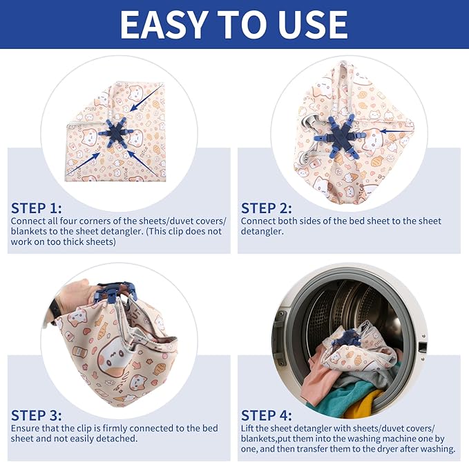 Bed Sheet Detangler with 6-Clip, WAD Preventer Stop Bed Sheets/Duvet Covers/Blankets from Tangling, Twisting & Balling up in Dryer Washer and Dryer, 4 pcs(Blue)