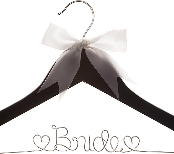 Ella Celebration Bride to Be Wedding Dress Hanger Wooden and Wire Hangers for Gown (Black with Silver Wire)