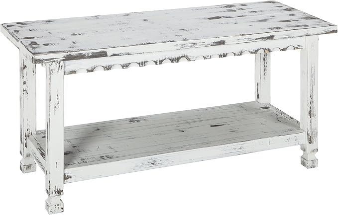 Country Cottage 36-Inch Farmhouse Entryway Bench with Storage Shelf – Solid Pine Wood Bench in Distressed White for Hallway, Bedroom, or Mudroom by Alaterre Furniture