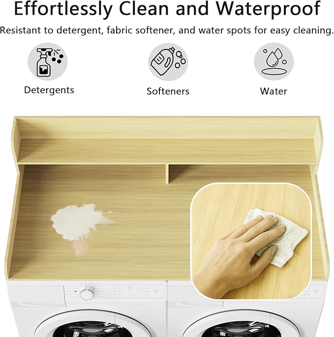 Fabuday 2-Tier Wood Washer Dryer Countertop with Shelf - Two Layers Laundry Topper for Storage & Organization, 54''x27.5''x11.9'' Counter Table with Edge Over Washing & Dryer, White Oak