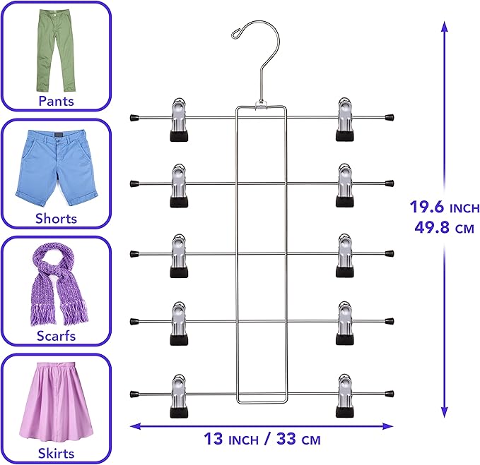 Pants Skirt Hangers Space Saving Heavy Duty 5 Tier Pack of 3 Metal Hangers - Clothes Hangers, Stainless Steel Hangers with Clips for Pants, Skirts, Jeans- Durable and Non-Slip Clothes Hangers