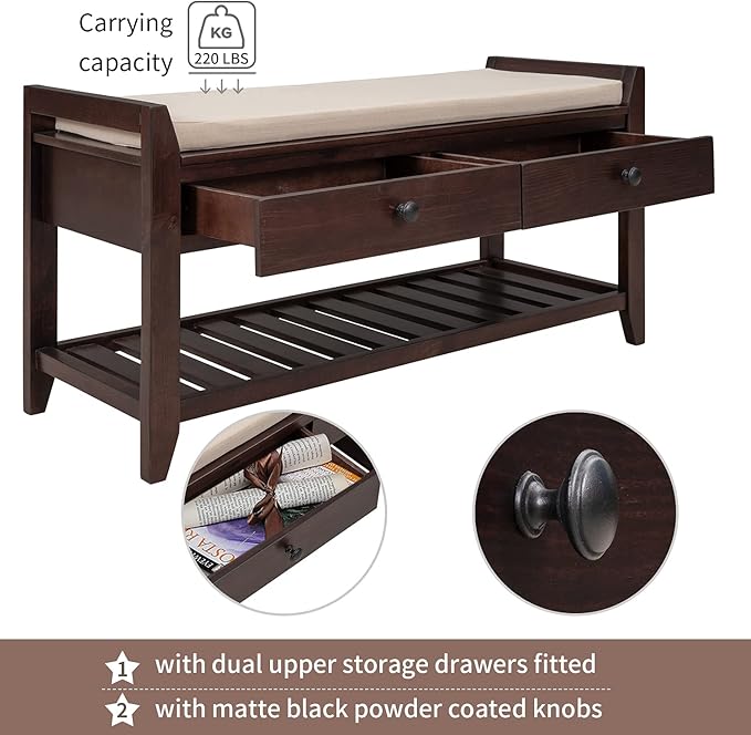 Harper & Bright Designs TREXM Shoe Rack with Cushioned Seat and Drawers, Multipurpose Entryway Storage Bench (Espresso)