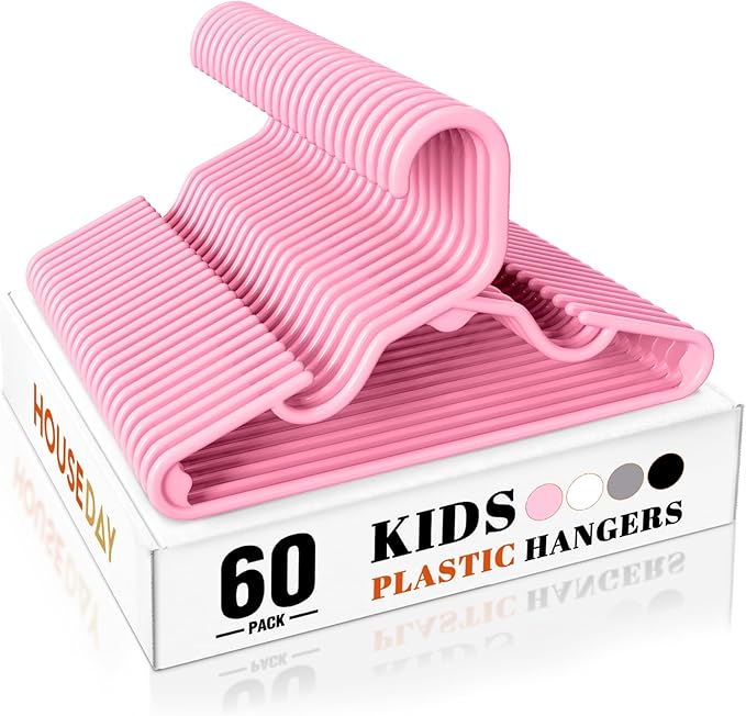 HOUSE DAY Premium Baby Hangers 60 Pack, 11 Inch Kids Plastic Hanger Pink, Slim Childrens Hangers for Infant, Toddler, and Child Clothes, Durable Baby Clothes Hanger for Closet