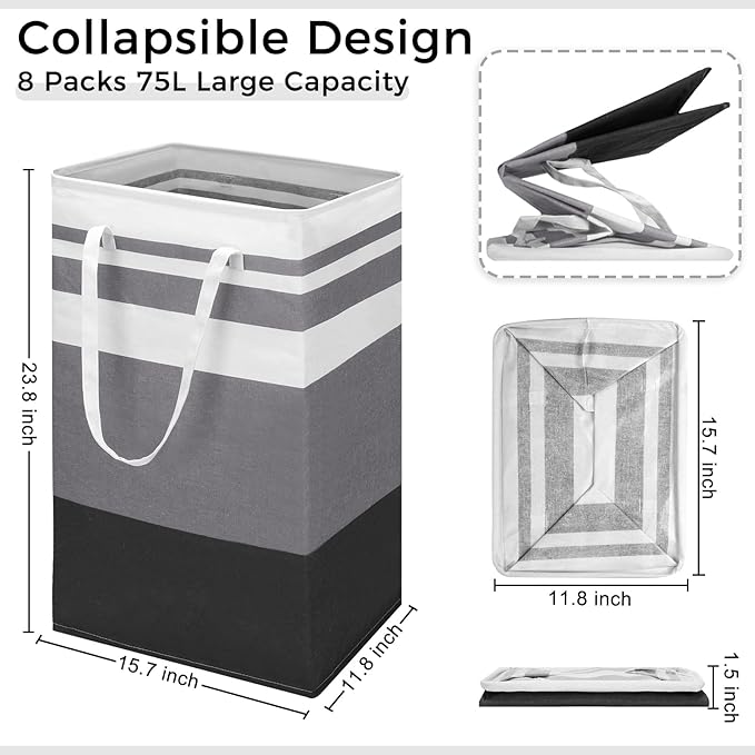8 Pcs 75 L Large Laundry Basket Organizer bulk Collapsible Tall Waterproof Laundry Hamper Bag with Easy Carry Handles Freestanding Clothes Hamper Storage Basket for Toys Clothes Room, Gradient Grey
