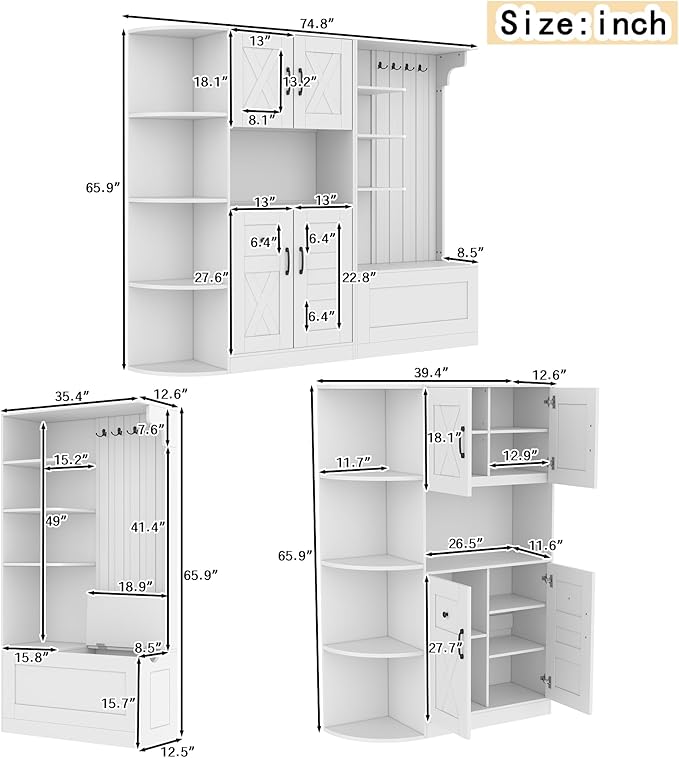 66" H Hall Tree with 4 Hooks, Open Shelving and Flip Hidden Shelf, Multifunctional Left-Right Combination Coat Rack (can be Used Separately), Entryway Bench for Living Room, Hallway