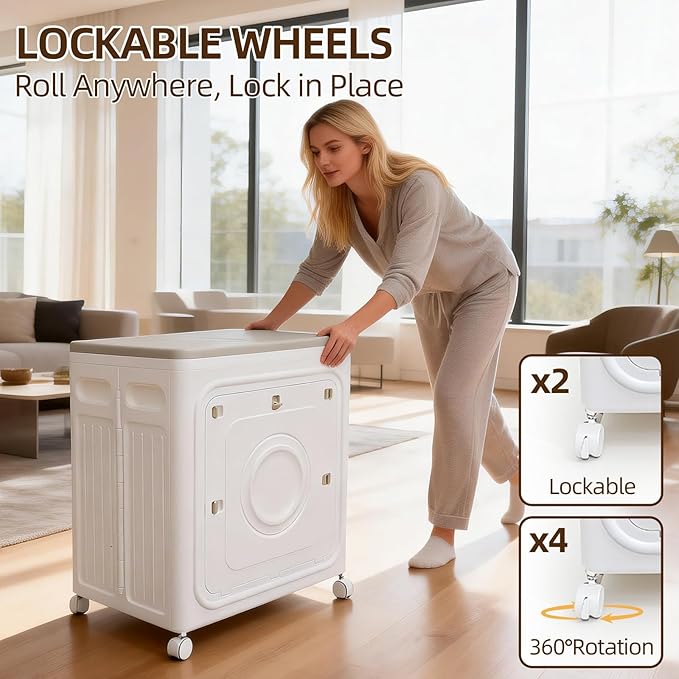 BorealBear Large Wheeled Storage Box, 35 GAL Collapsible Bin with Locking Lid & Easy-Snap Doors. Heavy-Duty Organizer for Laundry, Toys, Clothes – Perfect for Bedroom, Garage, Garden & Outdoor (White)