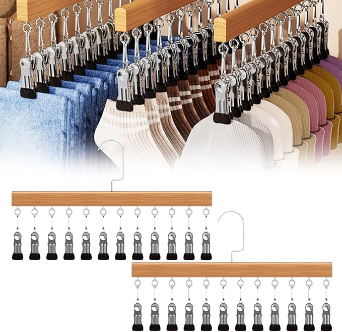 Closet Organizer with 12 Clips, 360° Rotating Pants Hangers for Jeans Leggings Skirts, Space Saving Hanging Storage for Scarves Hats Ties Socks, Multi-Purpose Rack for Bedroom Closet Wardrobe (A*2)
