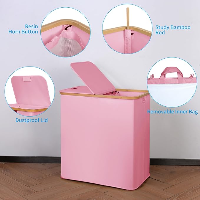 efluky Laundry Hamper with Lid, Double Laundry Hamper with 2 Removable Bags, 2 Section Laundry Basket with Bamboo Handles for Bathroom, Bedroom & Laundry Room (Pink, 140L Dual)