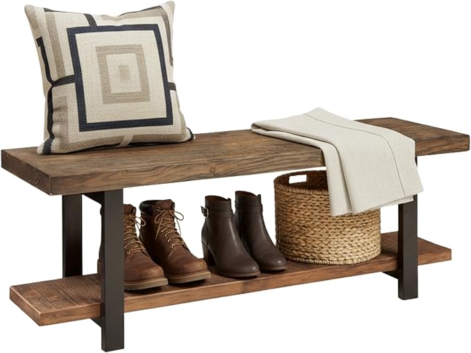 Alaterre Furniture Pomona Entryway Organizer – Modern Rustic 48-Inch Solid Wood Entryway Bench with Open Bottom Storage Shelf – Farmhouse Hallway Seating for Mudroom or Foyer (Rustic Brown)