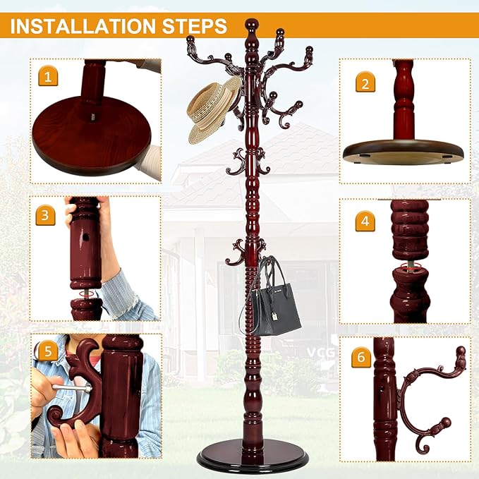 Free Standing Coat Rack with 14 Hooks, Vintage Wooden Coat Tree, Adjustable Height 73 Inches, Retro Coat Stand for Entryway, Living Room, Office & Bedroom (Mahogany) (Walnut, 1 PCS)