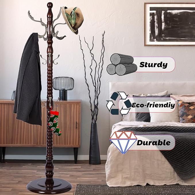 73 in Wood Coat Rack, Coat Rack Freestanding with Stable Round Base, Adjustable Height Tree Coat Racks Stand for Home Bedroom Office Hallway Entryway (Fenghuang Gou Rosewood)
