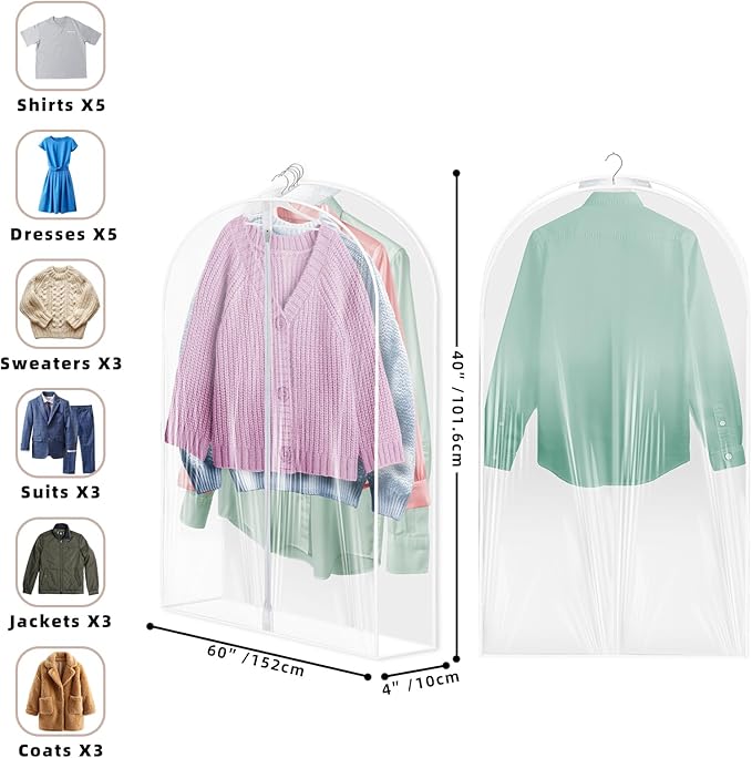 Garment Bags for Hanging Clothes with 4" Gusseted, Suit Cover for Clothes,Coats,Suit,Jackets,Dress,Shirts,Skirt. (Clear-40"-2pcs-Double zipper-PE)