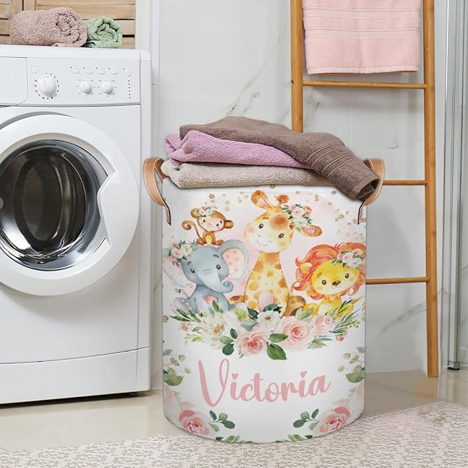 Personalized Laundry Basket, Custom Gift Laundry Hamper, Collapsible Nursery Waterproof Laundry Baskets, Dirty Clothes Toy Hamper with Handles Safari Animals Pink Floral