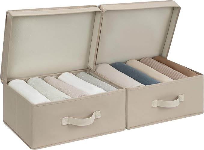 StorageWorks Small Storage Boxes with Lids, Stackable Fabric Storage Bins with Handles, Storage Baksets for Closet, Shelves, 15" x11¼x 6¼", Light Brown, 2-Pack