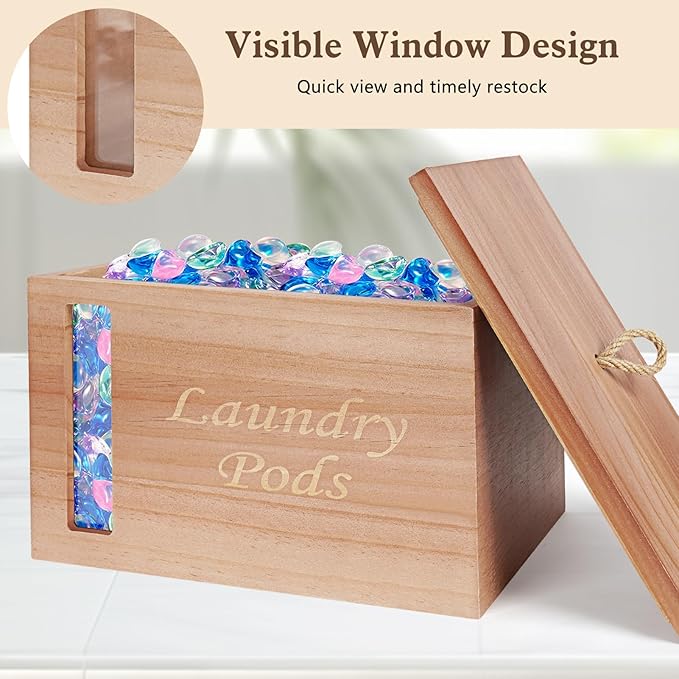 2 Pcs Wood Rustic Dryer Sheet Holder with Lid Laundry Pods Container with Window, Wooden Laundry Room Organization Storage for Laundry Room Decor and Accessories-Walnut brown