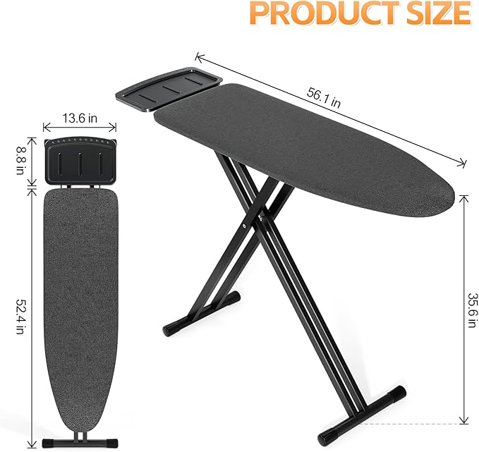 APEXCHASER Ironing Board Full Size, Iron Board and Ironing Board Set Height Adjustable, Foldable Ironing Boards Standard Size, Iron Table Stand with Anti-Skid Legs and Iron Rest, 13" x 43" Black