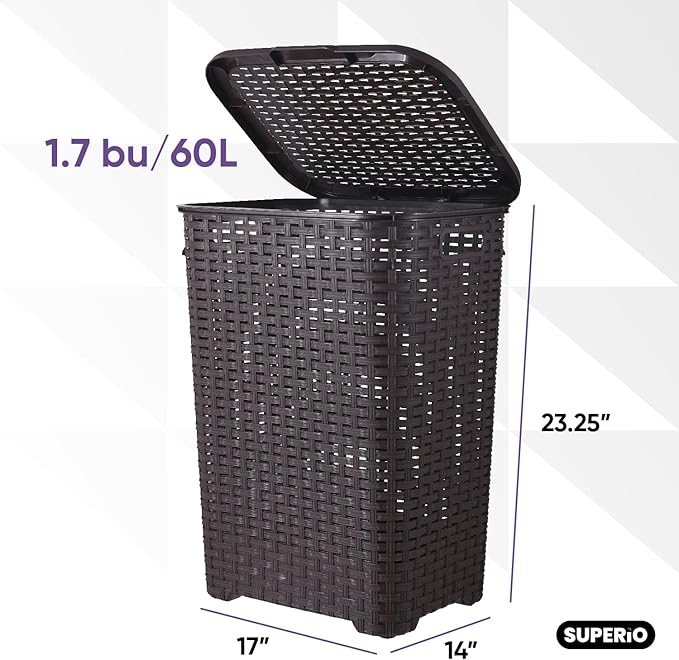 Superio Laundry Hamper Basket With Easy Open Lid 60 Liter Large Wicker Hamper, Dirty Cloths Storage With Two Cutout Handles, Laundry Room Bin (2 Pack, Brown)