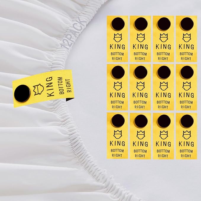 SheetSnaps King Size Bed Sheet Labels – 12-Pack Yellow Snap-On Sheet Tags – Easy Sheet Orientation for King Bedding – Washable, Durable, Size Identifiers for Linen Closet Organization