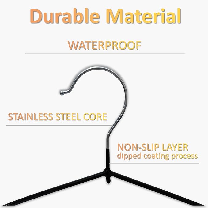 ‌Stainless Steel Heavy Duty Hangers - Non-Slip Rubber Coated, Space Saving Ultra Thin Design for Coats, Pants & Dresses (50 Pack, Black)