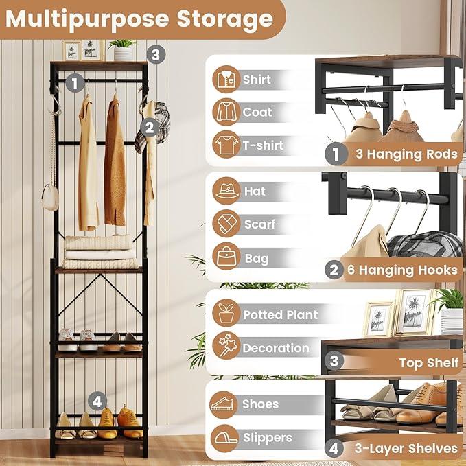 Tangkula Industrial Narrow Coat Rack Freestanding, Slim Hall Tree with 4 Storage Shelves, 6 Hooks & 3 Hanging Rods, Heavy-Duty Metal Clothes Rack Stand Organizer for Entryway, Hallway, Bedroom