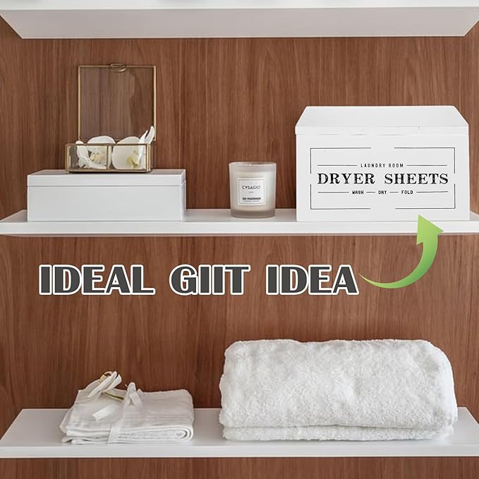 Farmhouse Dryer Sheet Holder with Lid - Rustic Dryer Sheet Dispenser Laundry Room Decor Accessory, White
