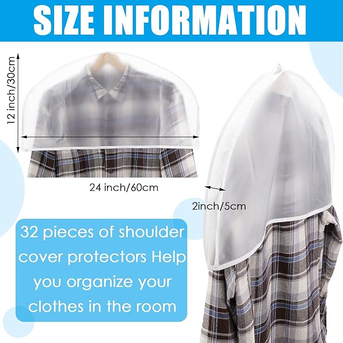 Patelai 32 Pcs 2" Gusseted Shoulder Covers for Hanging Clothes 24" Length x 12" High Plastic Garment Dust Covers Protectors for Closet Storage Suit, Coats, Jackets, Dress Closet Storage(Translucent)