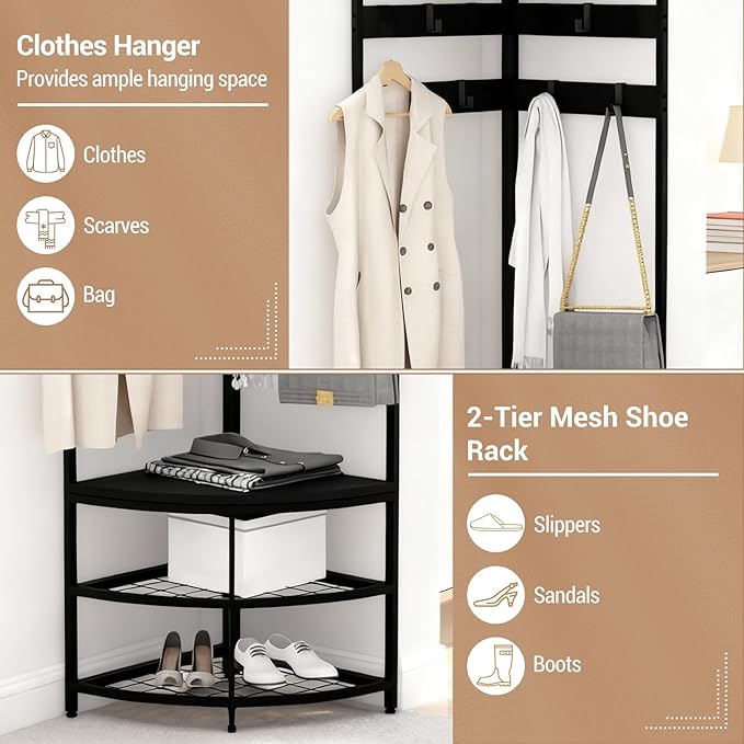 Garvee Corner Coat Rack with Storage, Simple Hall Tree with Mesh Shelves, Anti-Toppling Devices, Freestanding Metal Clothes Rack Shoes Shelf Organizer for Entryway Bedroom Black