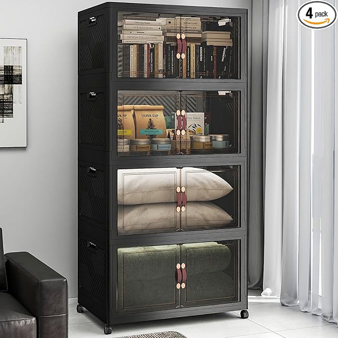 Extra Large Stackable Storage Bins, Lockable Storage Bins with Lids, Folding Storage box with Doors and Wheels, Collapsible Plastic Drawers for Home, Garage, Office (4, Black, Extra Large)
