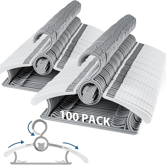 100Pack Baby Hangers for Closet Adjustable, 11~14inch Extendable & Stackable Kids Hangers, Non-Slip Plastic Kid Hangeres, Toddler Hangeres for Infant Baby Toddler Children Nursery Teen