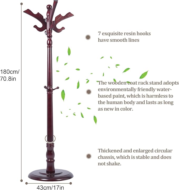 Free Standing Coat Rack with 14 Hooks, Vintage Wooden Coat Tree, Adjustable Height 73 Inches, Retro Coat Stand for Entryway, Living Room, Office & Bedroom (Mahogany) (Flying Swallow, 1 PCS)