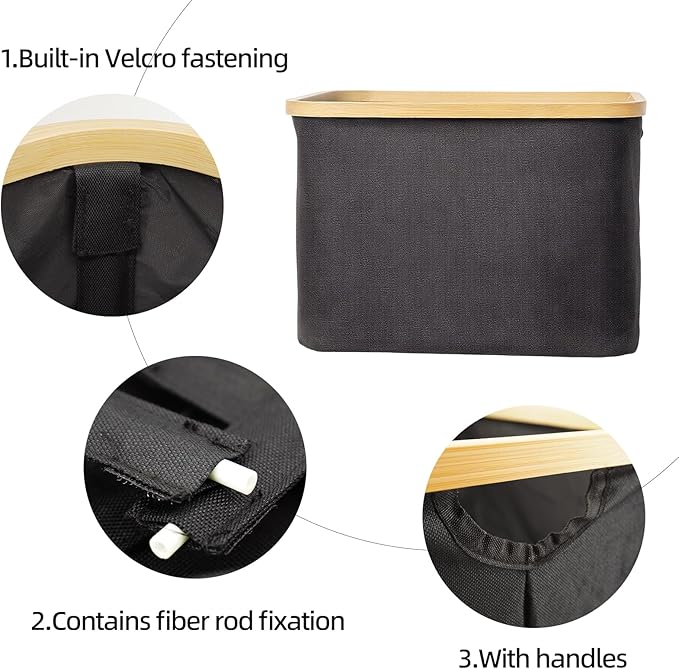 YAHUAN Small Collapsible Laundry Hamper with Bamboo Handle Small Foldable Laundry Basket for Wet & Dry Laundry 13.19 x 16.14x 11.22 inches (Black)