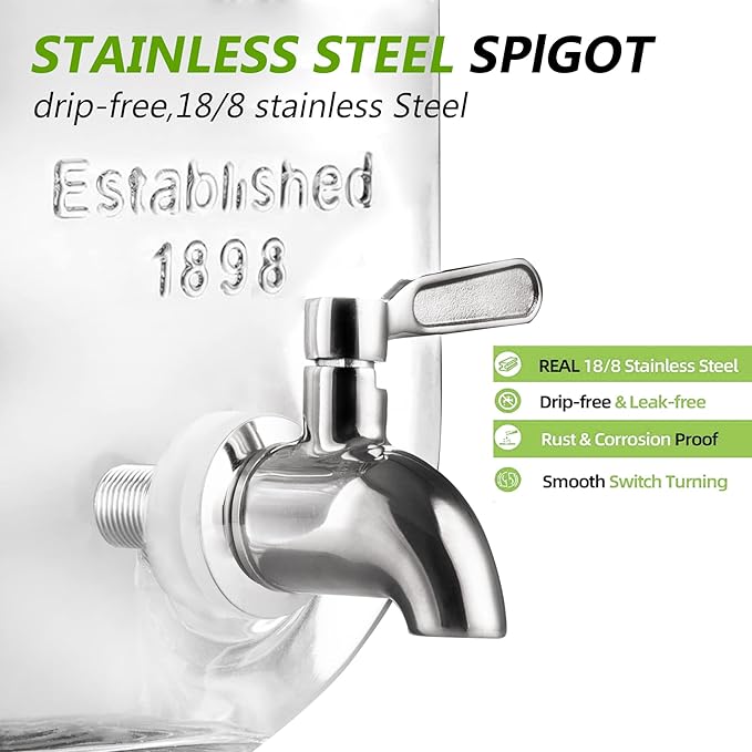 1 Gallon Drink Dispenser with Spigot 18/8 Stainless Steel – Airtight & Leakproof Glass Sun Tea Jar with Anti-Rust Lids, Beverage Dispenser for Parties - Laundry Detergent Holder (Pack of 2)