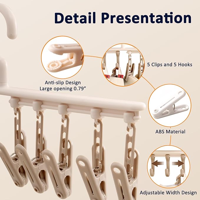 Clothes Hanger with 5 Clips and 5 Hooks Laundry Drying Rack 2 Pack, Clothes Drying Rack Leggings Hangers for Closet Windproof Clip for Drying Socks, Bras, Towel, Hats, Underwear, Baby Clothes