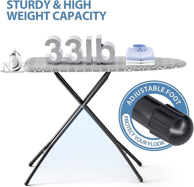 KINGBOARD Foldable Ironing Board Full Size, Iron and Ironing Board Set Standard Size, Iron Boards with Ironrest & Adjustable Height,Heavy Duty Iron Table Stand with Metal Legs &Thick Cover,43x13 Gray