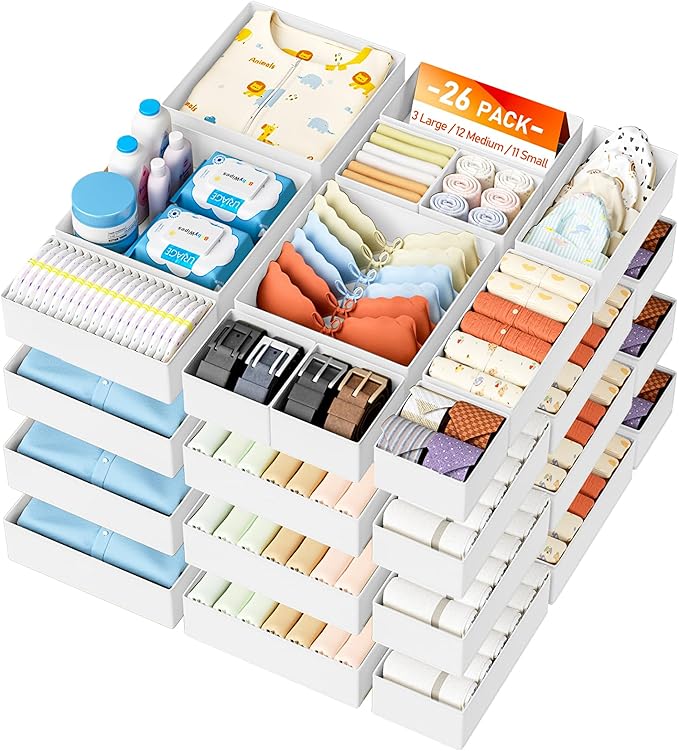 DIMJ Drawer Organizer Clothes Storage - 26 Pack Baby Dresser Organizer for Nursery, Small Fabric Closet Drawer Organizer Bins for Underwears Socks, Foldable Storage Dividers Organization for Bedroom