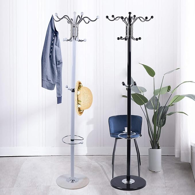 Modern Floor Standing Coat Rack with 16 Hooks Metal Hat Bag Hanger Stand with Mar-ble Base Tree Shape Clothes Organizer Holder for Entryway Hallway Bedroom Hall 15x 67in (White)