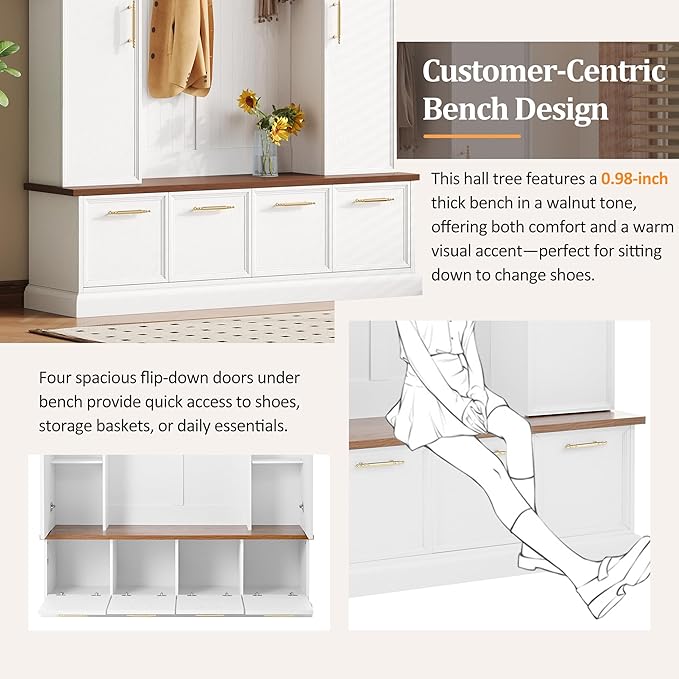 Versatile Hall Tree with Golden Hooks and 2 Doors, 5-in-1 Wood Coat Rack Entryway Shoe Cabinet with Bench& Adjustable Shelves, Functional 59'' Wide Hall Tree for Entrance Hallway (White-8.2)