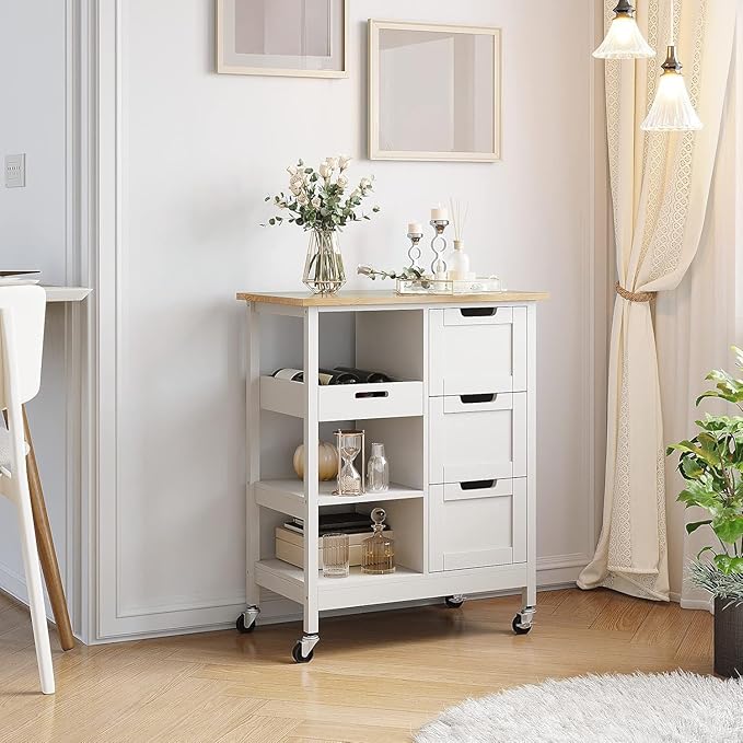 YITAHOME Small Solid Wood Top Kitchen Island Cart on Wheels with Storage, Rolling Portable Dining Room Serving Utility Carts Mobile Movable with 3 Drawers Cabinet, Oak & White