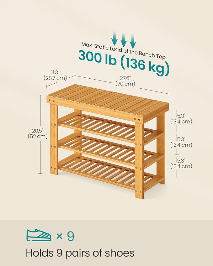 SONGMICS Shoe Rack Bench, 4 Tier Bamboo Shoe Storage Organizer, Entryway Bench, for Living Room, Bathroom, Bedroom, 11.3 x 27.6 x 20.5 Inches, Light Bamboo ULBS370YL01