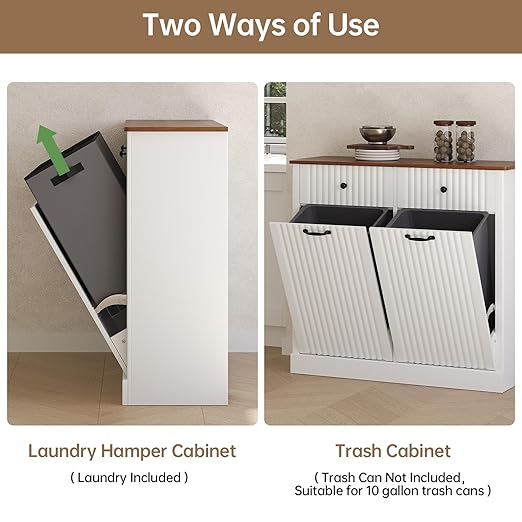 Fluted Tilt Out Laundry Hamper Cabinet, 10 Gallon Hidden Trash Can Cabinet, Wooden 2 in 1 Tilt Out Garbage Can for Kitchen, Bathroom (Antique White, Full)