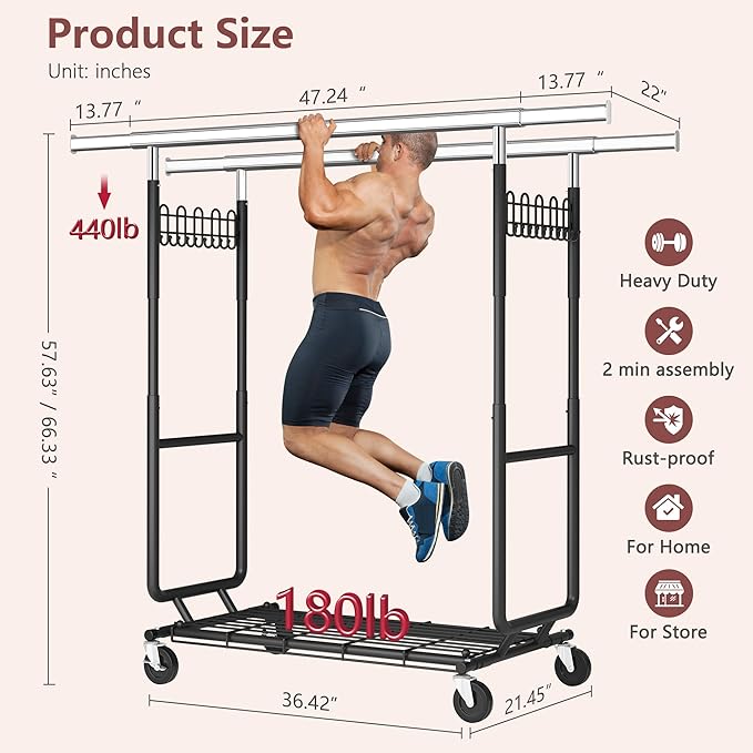 Hoctieon 2-Minute Assembly Double Rod Clothes Rack, Heavy Duty Rolling Clothing Racks with Wheels, Foldable Commercial Garment Rack, Extendable Hanging Bar, Adjustable Metal Pole with Hooks, Black