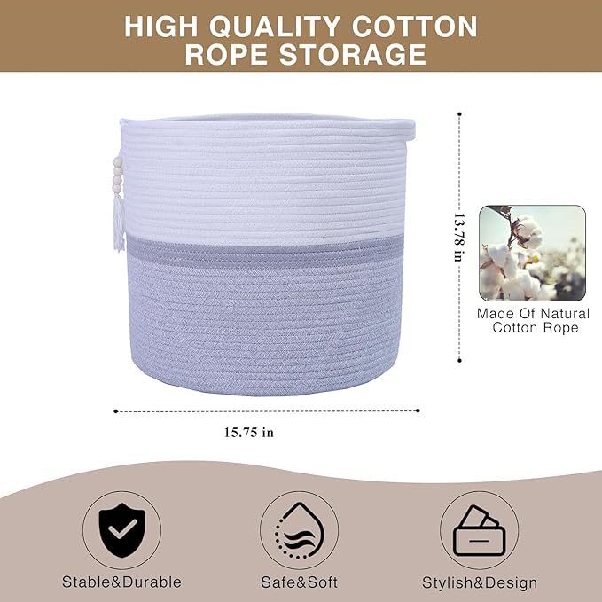 Cotton Rope Storage Bin,Natural Handmade Woven Hamper for Living Room,Blanket Basket for Clothes, Pillows, Towels (gary, 55L)