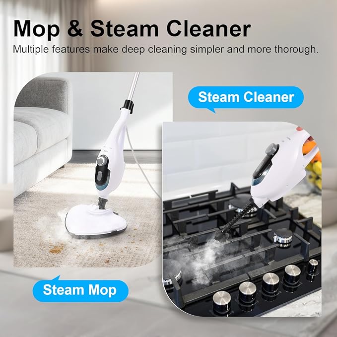 11-in-1 Steam Mop, 1550W Powerful Handheld Steam Cleaner, 260°F Multi-Functional Floor Steamer with 21.3FT Cord for Floors, Hardwood, Tiles, Grout, Windows, Kitchen, Bath, Adjustable (White)