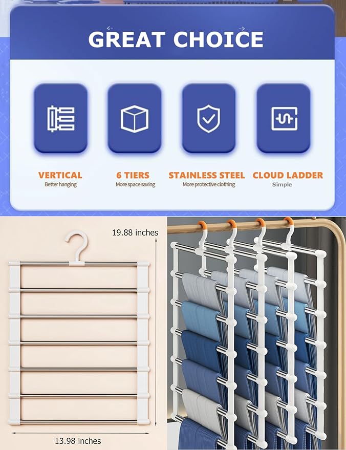 SEVEN LUCKY LIGHT Pants Hangers Space Saving 80%, 3 Packs Cloud Ladder Pants Hanger for Pants Leggings Scarves Ties Sheets Dorm Room Essentials Closet Organizers and Storage Hangers for Clothes