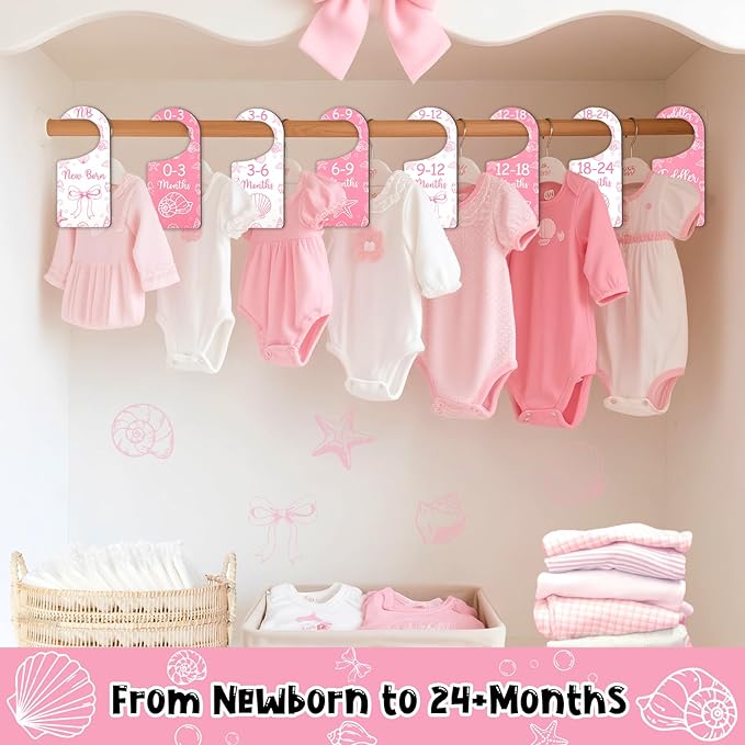 Baby Closet Dividers 8PCS, Pink Shell & Bows Themed Wooden Double-Sided Clothes Size Hanger/Organizer from Newborn to Toddler for Nursery Decor Baby Shower Birthday Party Gift