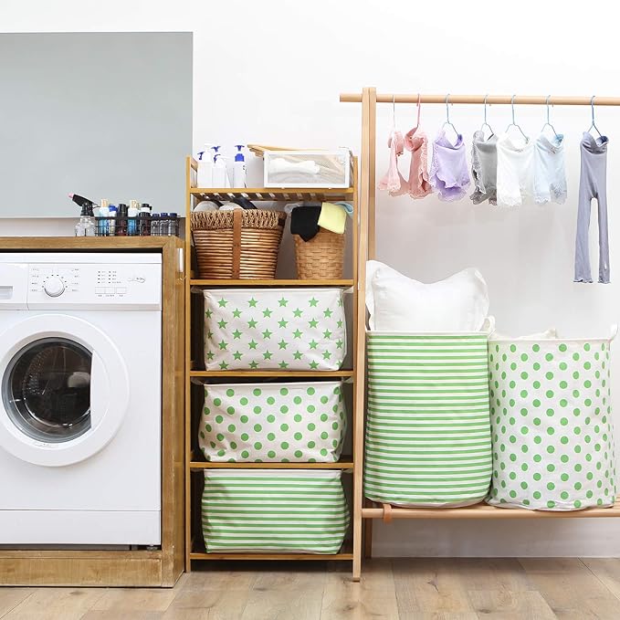 Sea Team 19.7 Inches Large Sized Waterproof Coating Ramie Cotton Fabric Folding Laundry Hamper Bucket Cylindric Burlap Canvas Storage Basket (19.7", Green & White Stripe)